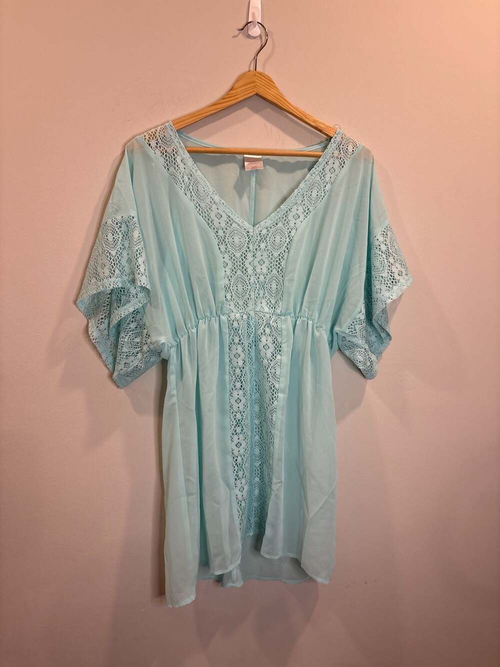 Xhilaration Light Blue V-Neck Sheer Lace Swim Cover-Up Dress Medium
